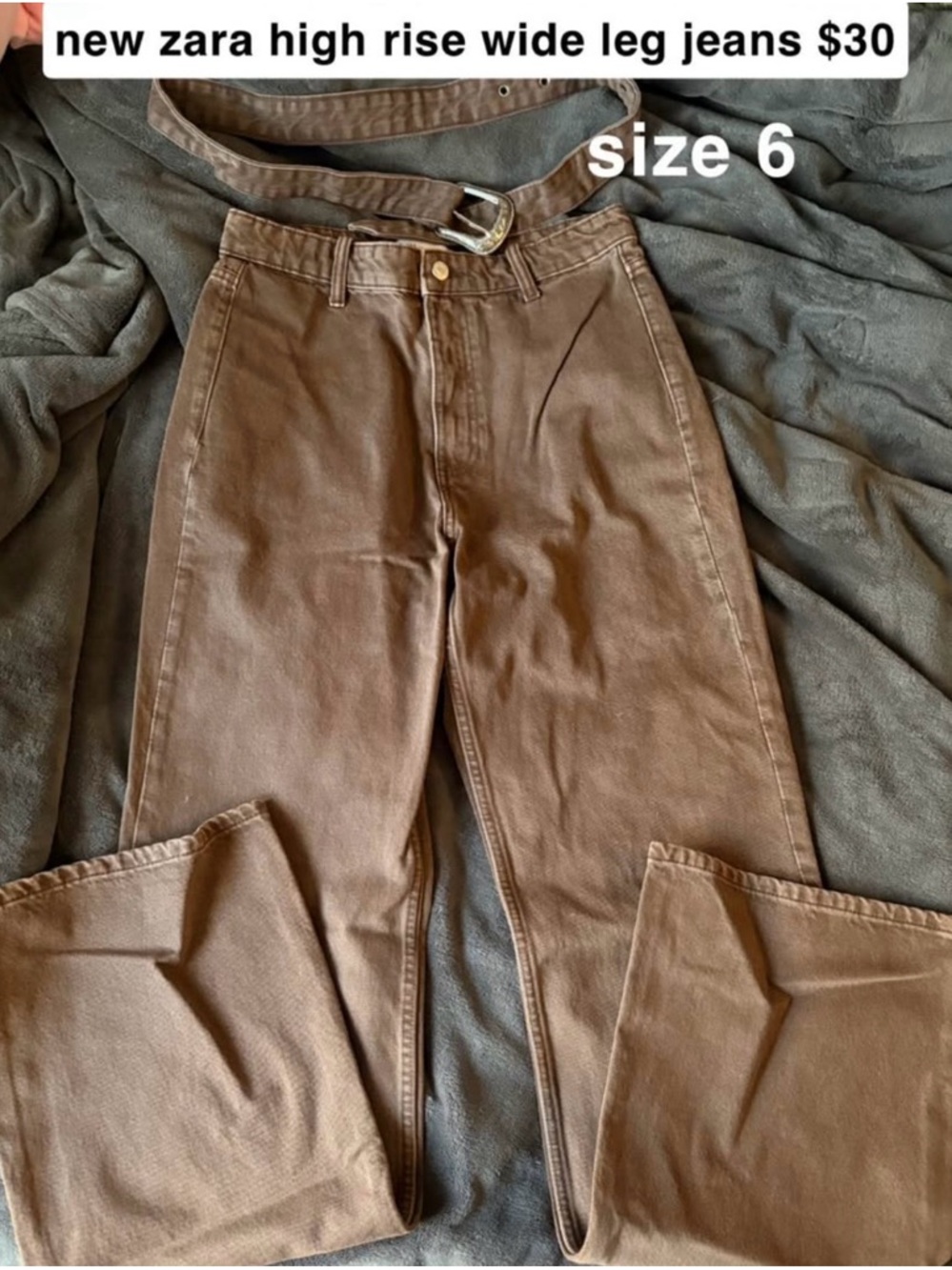 zara brown high rise wide leg jeans + denim belt size 6
